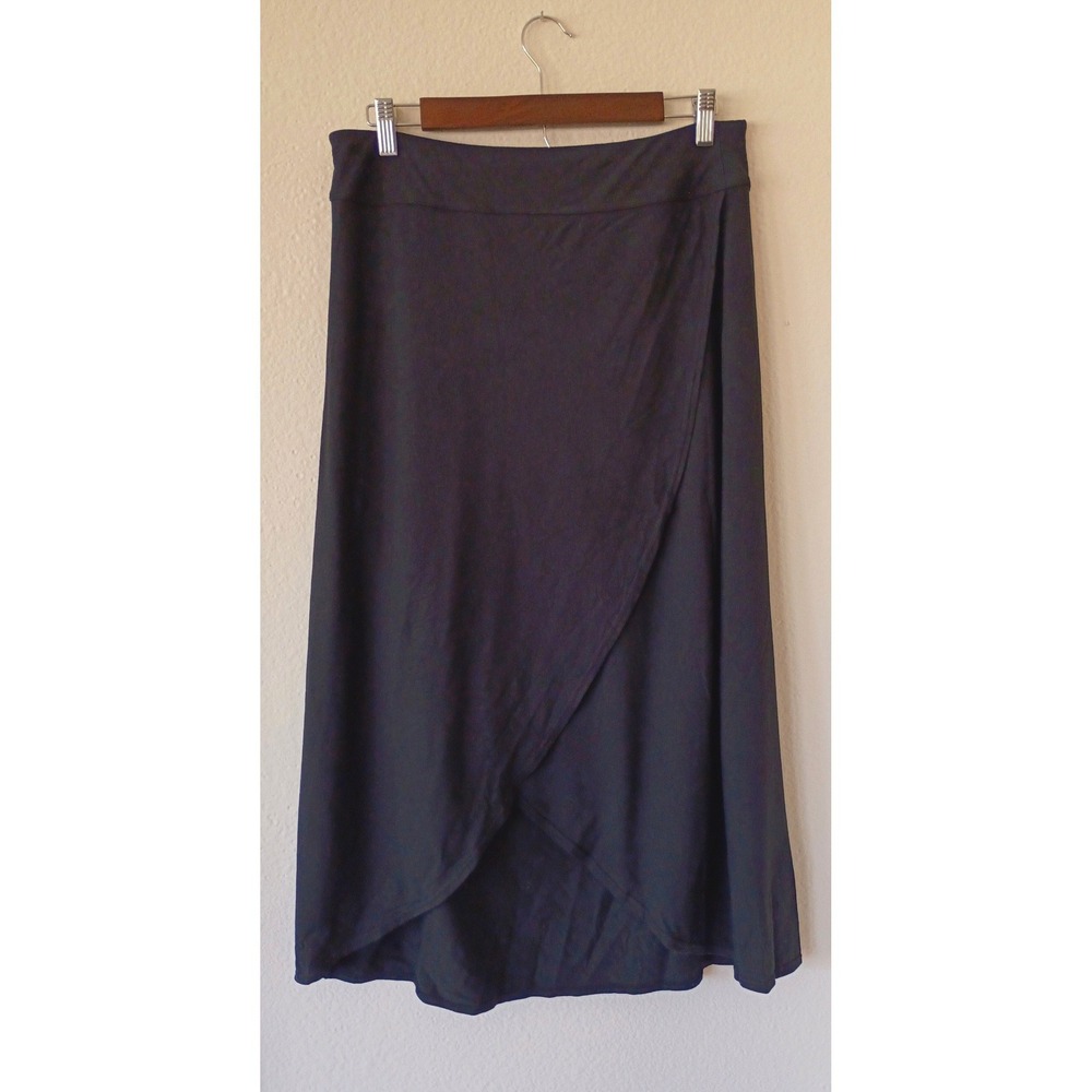 Athleta Black Faux Wrap Tulip Midi Skirt Womens Large Jersey Knit Casual